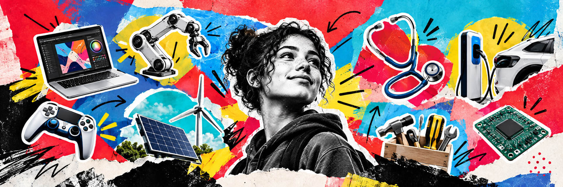 girl surrounded by graphics