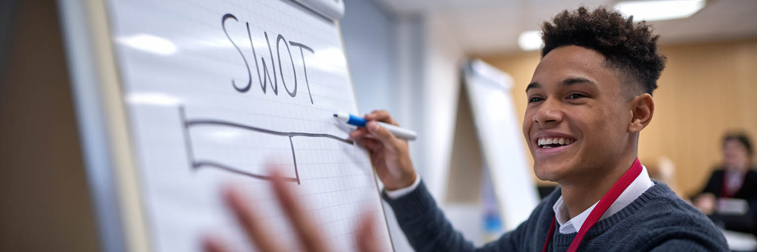 Young man writing on a flip chart