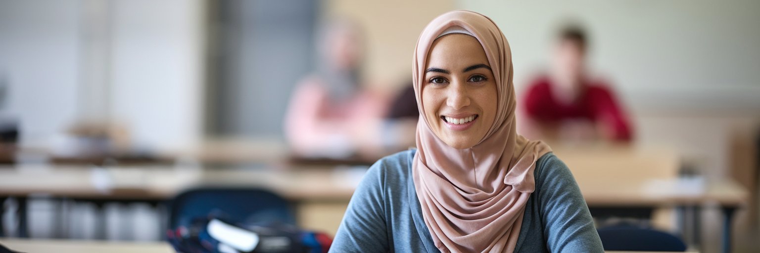 Woman in a hijab participating in an English class