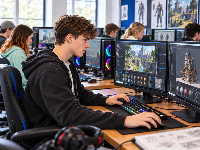 Student designing graphics on a PC