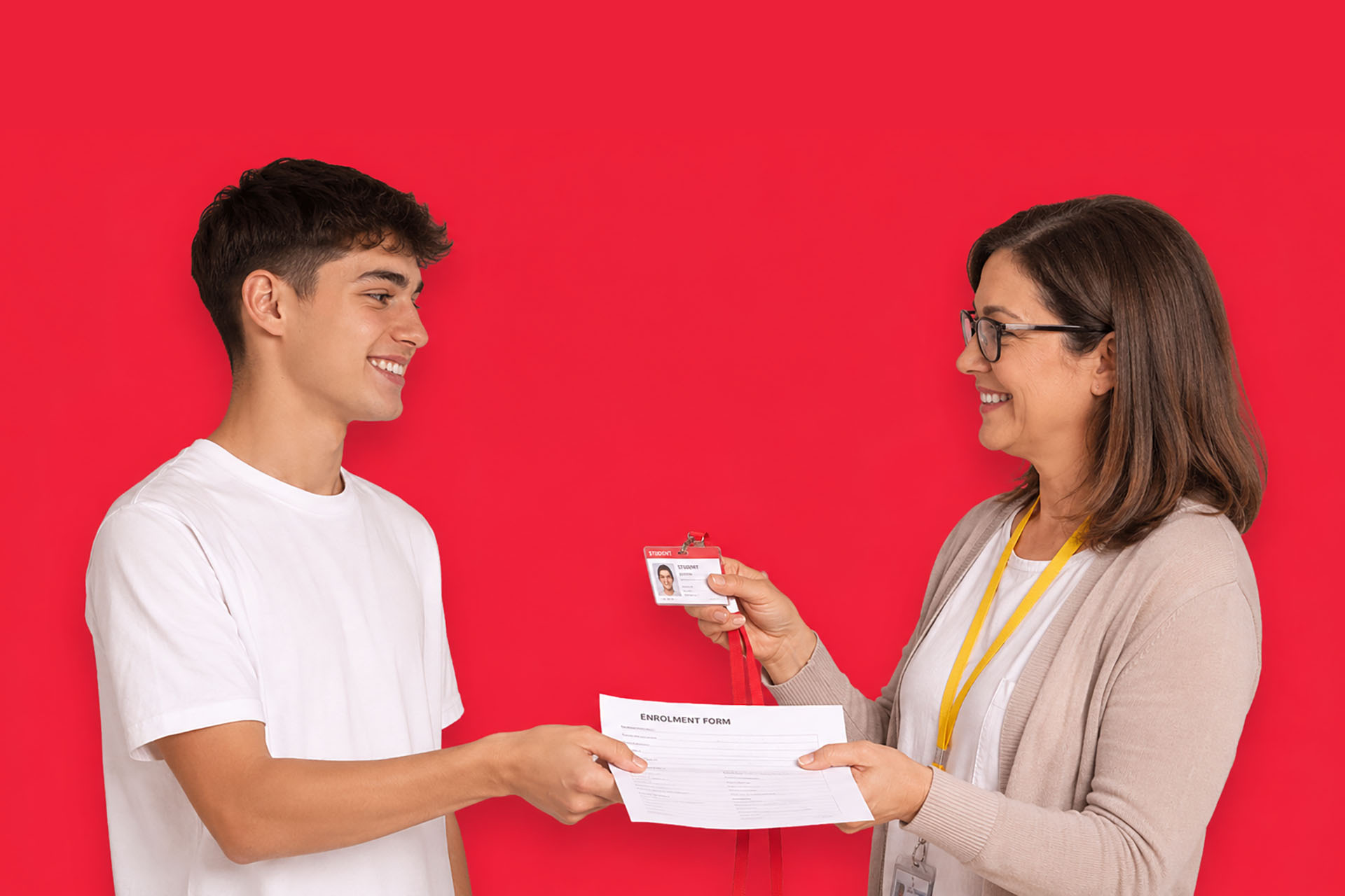 Student exchanging enrolment form for ID badge