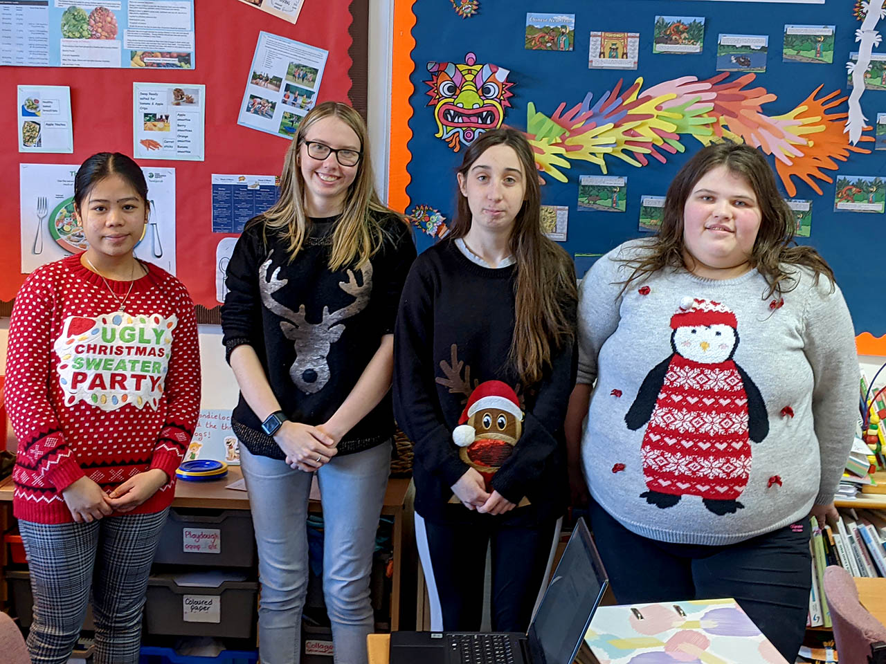 Students wearing Christmas jumpers