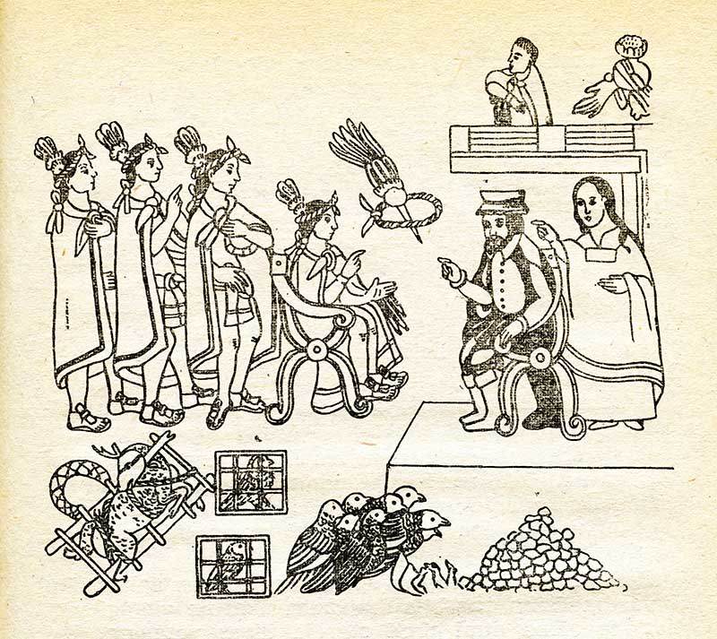 Cortes and La Malinche meet Moctezuma in Tenochtitlan, November 8, 1519