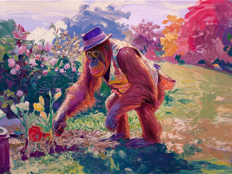 An orangutan gardening