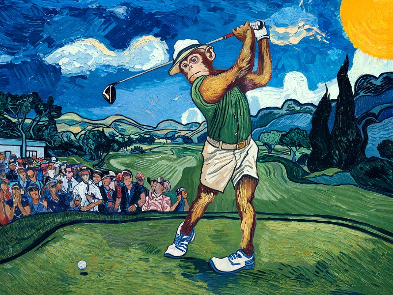 Artistic interpretation of a monkey playing golf