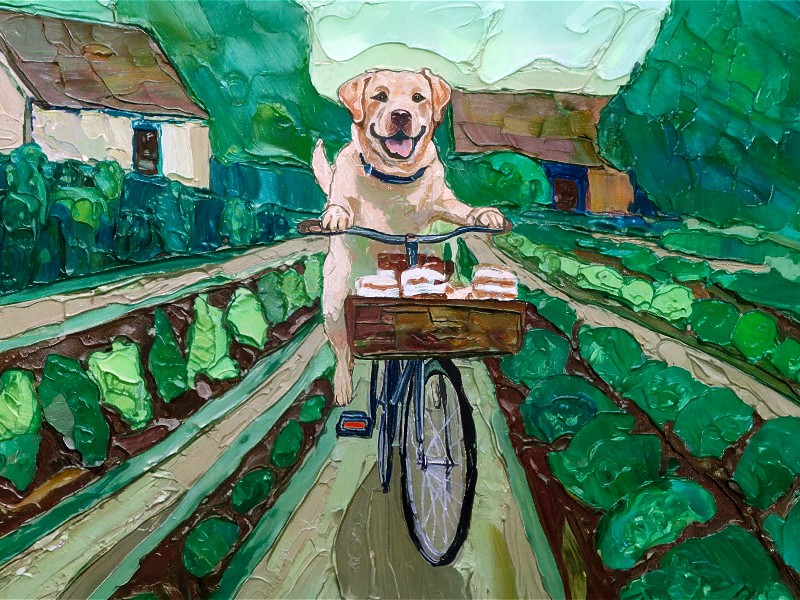 A golden Labrador riding a bicycle through a vegetable garden
