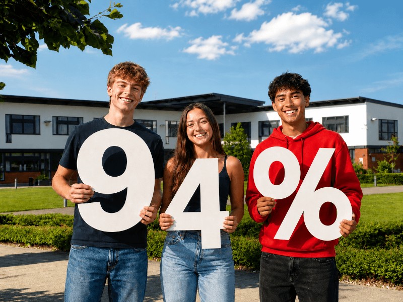 Three smiling students stand outside Newbury College holding large white cutout characters that read "94%."